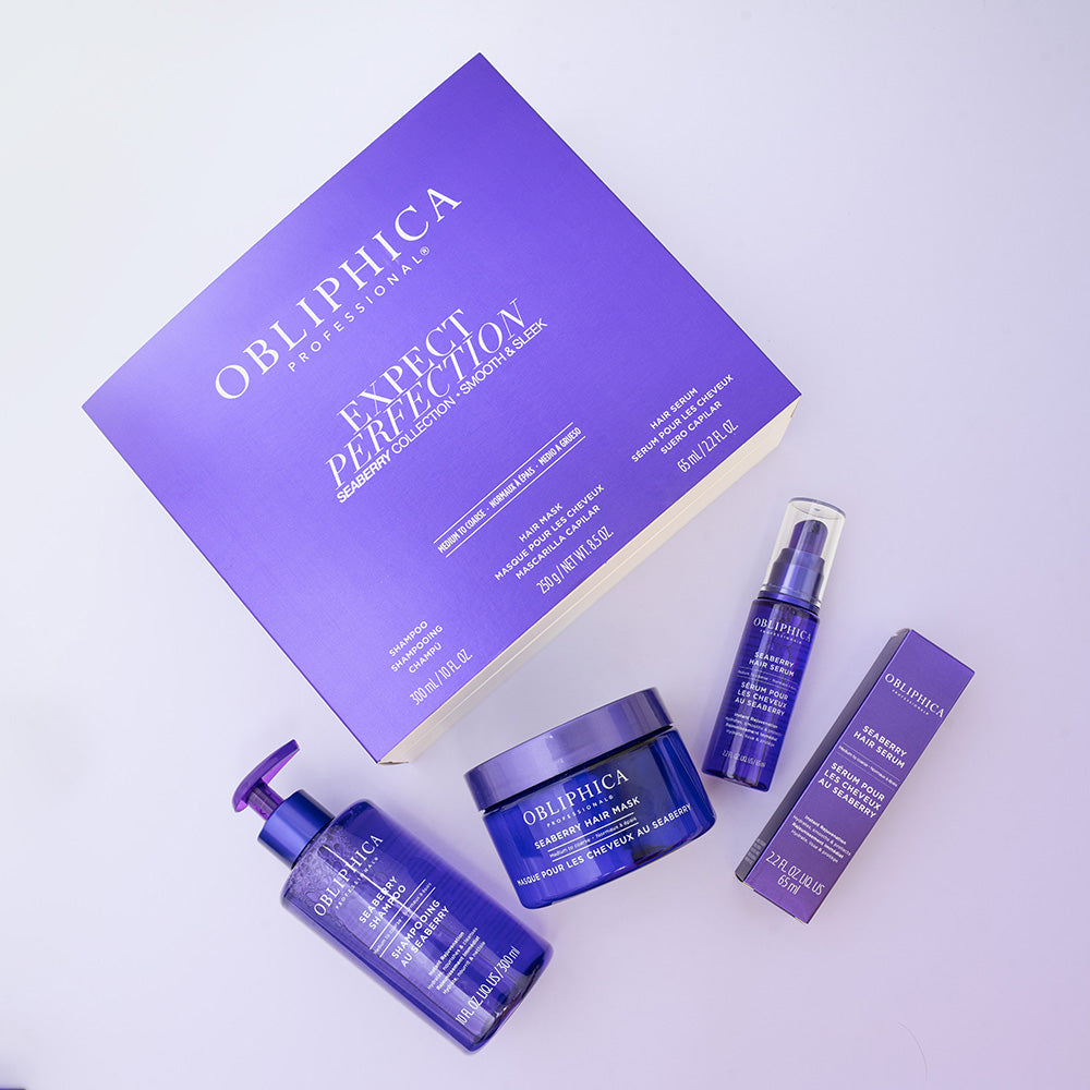 Obliphica™ Seaberry Sleek & Smooth Collection, 3-Step System, a luxurious, ultra-rich regimen carefully formulated to provide intense nourishment, banish frizz, and safeguard vibrant color. Infused with Seaberry Oil, celebrated for its healing and protective properties, this comprehensive system gently detangles, restores, and revitalizes your hair and scalp—without weighing down even the most challenging strands. Expect perfection.