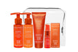 A travel kit containing four OBLIPHICA Seaberry hair care products for fine to medium textures, including shampoo, conditioner, hair mask, and hair serum in TSA-approved bottles.