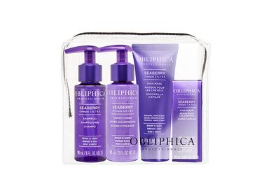 A travel kit containing four OBLIPHICA Seaberry hair care products for medium to coarse textures, including shampoo, conditioner, hair mask, and hair serum in TSA-approved bottles.