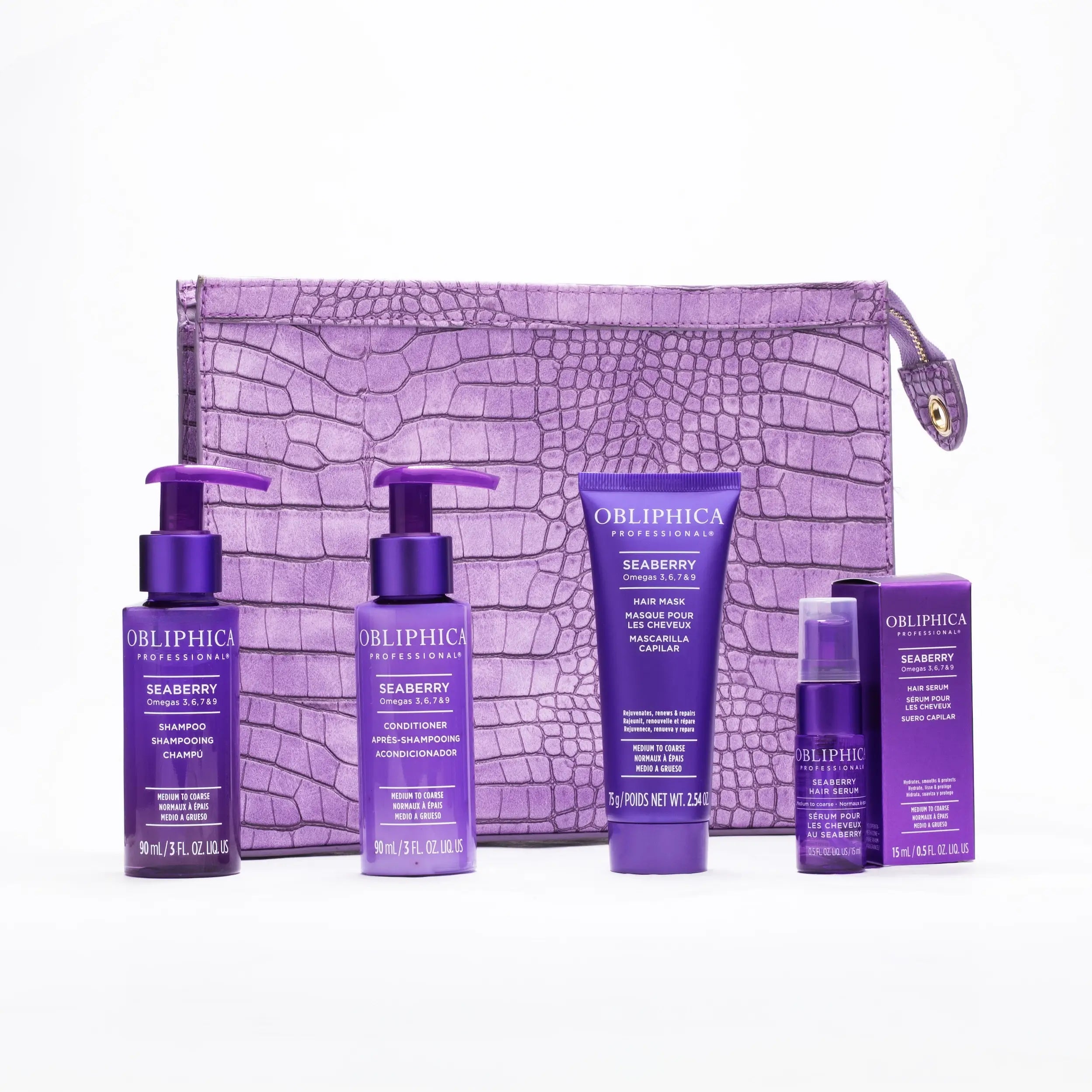 OBLIPHICA Seaberry Signature Travel Kit – Medium to Coarse · 4-Piece · Croc-Embossed Travel Bag · Purple