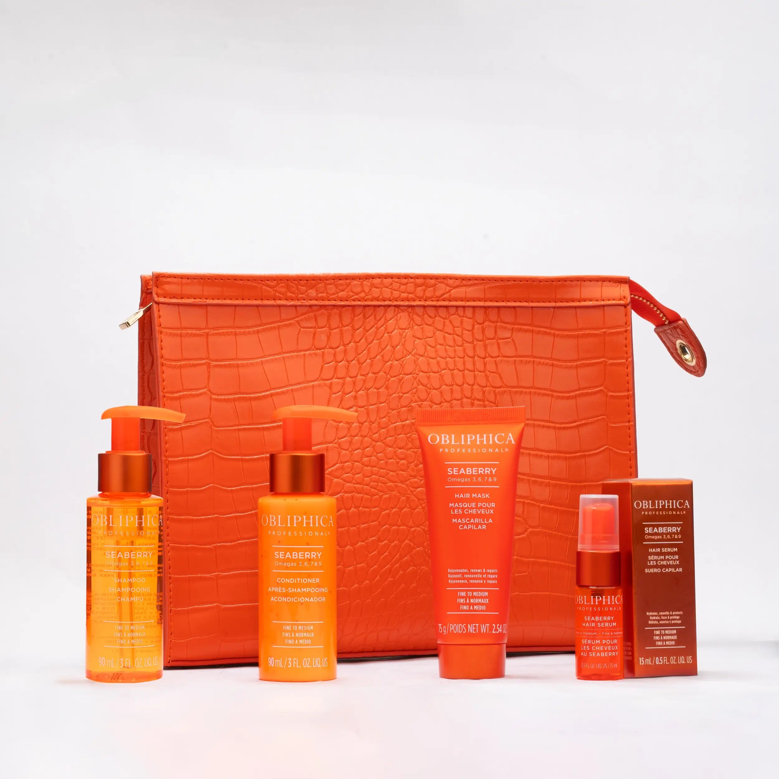 OBLIPHICA Seaberry Signature Travel Kit – Fine to Medium · 4-Piece · Croc-Embossed Travel Bag · Orange