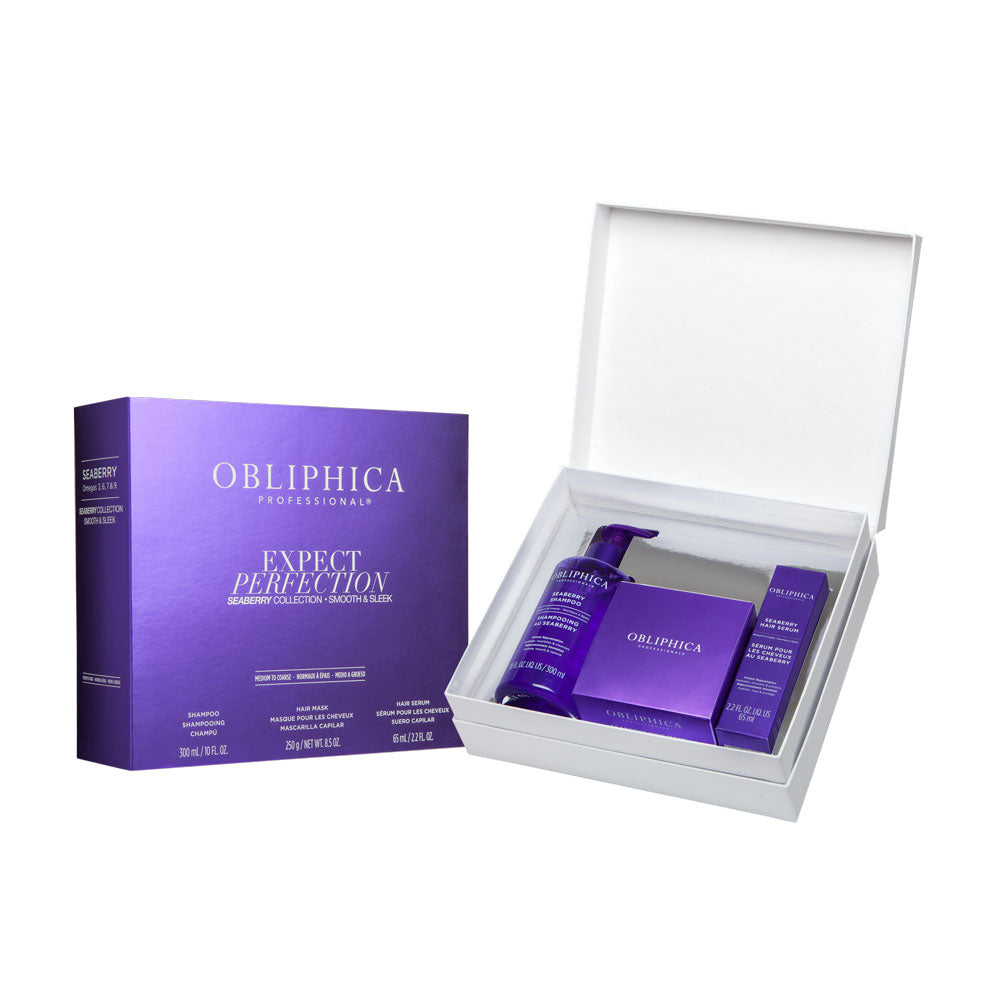 Obliphica™ Seaberry Sleek & Smooth Collection, 3-Step System, a luxurious, ultra-rich regimen carefully formulated to provide intense nourishment, banish frizz, and safeguard vibrant color. Infused with Seaberry Oil, celebrated for its healing and protective properties, this comprehensive system gently detangles, restores, and revitalizes your hair and scalp—without weighing down even the most challenging strands. Expect perfection.