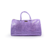 Purple crocodile-patterned handbag on a white background