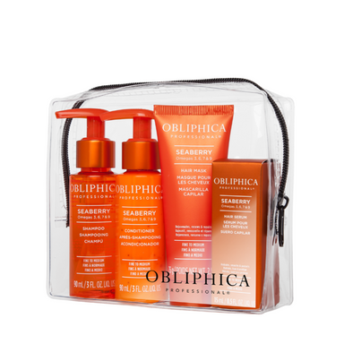 A travel kit containing four OBLIPHICA Seaberry hair care products for fine to medium textures, including shampoo, conditioner, hair mask, and hair serum in TSA-approved bottles.