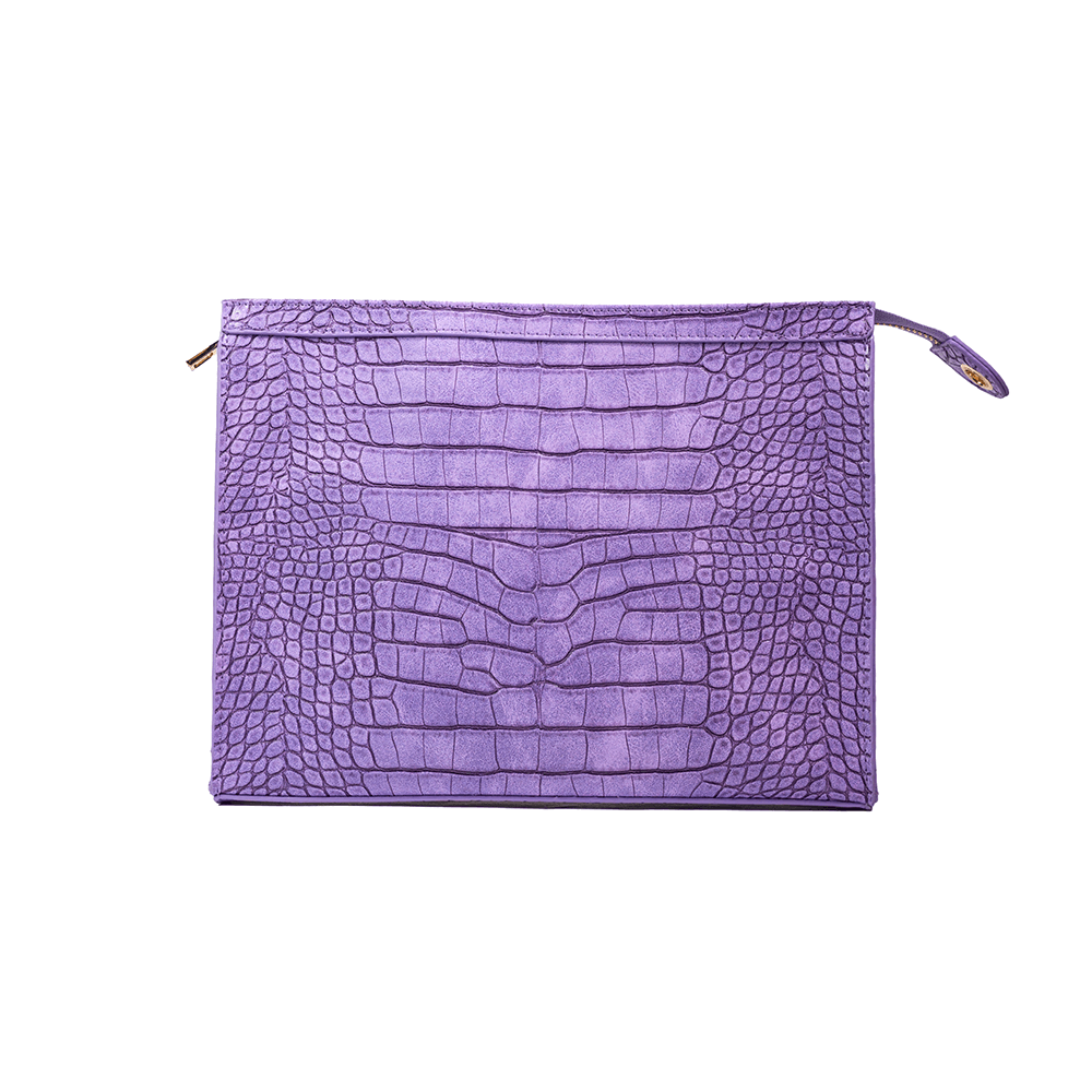 Purple crocodile-patterned clutch bag on a white background