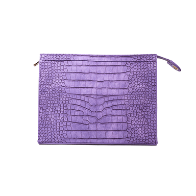 Purple crocodile-patterned clutch bag on a white background